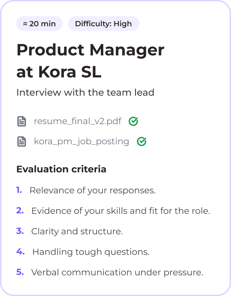 CandyCV Product Manager mock interview setup with a resume and job description uploaded, a hiring manager selected, and interview evaluation criteria.