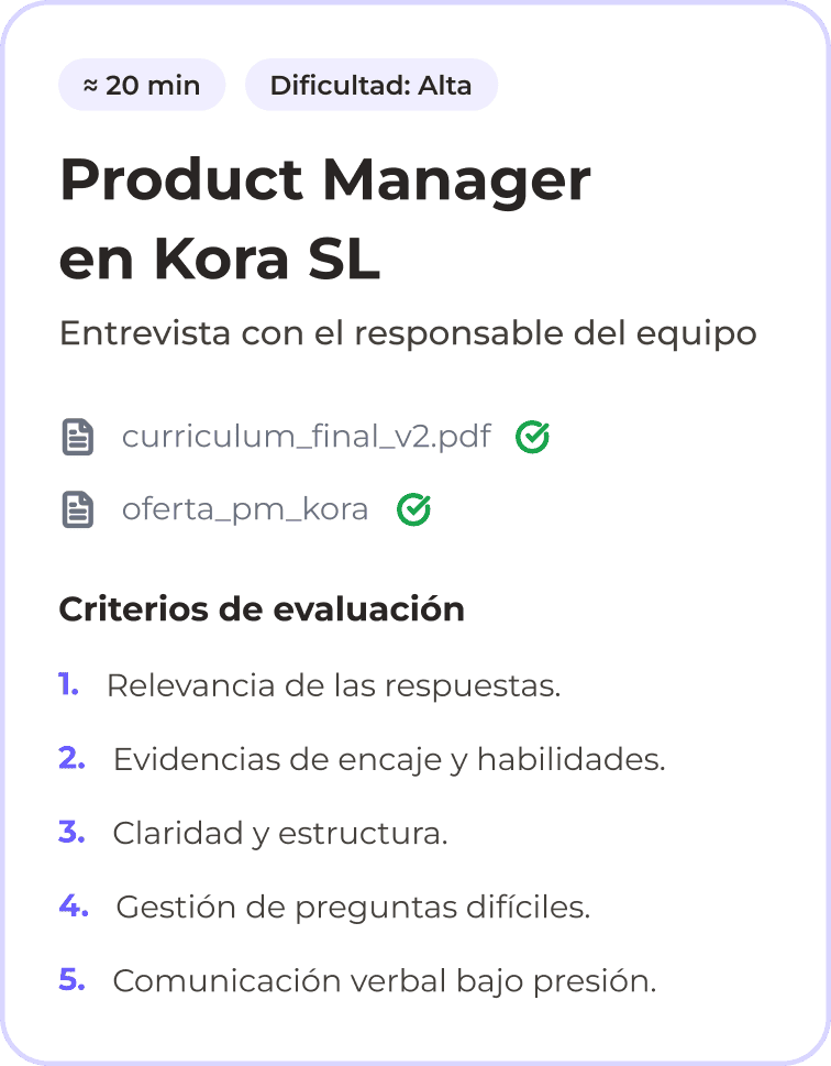 Configuración de una entrevista simulada para Product Manager en CandyCV con CV, oferta de empleo, tipo de entrevistador y criterios de evaluación.