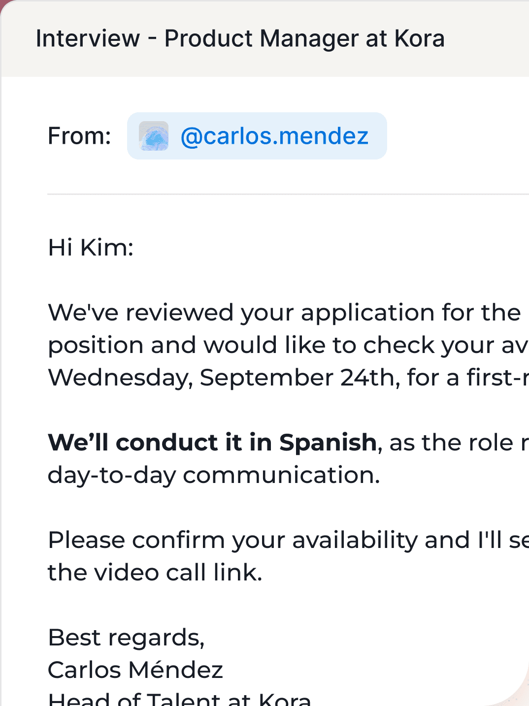 Email invitation to a video interview in English for a Product Manager role.