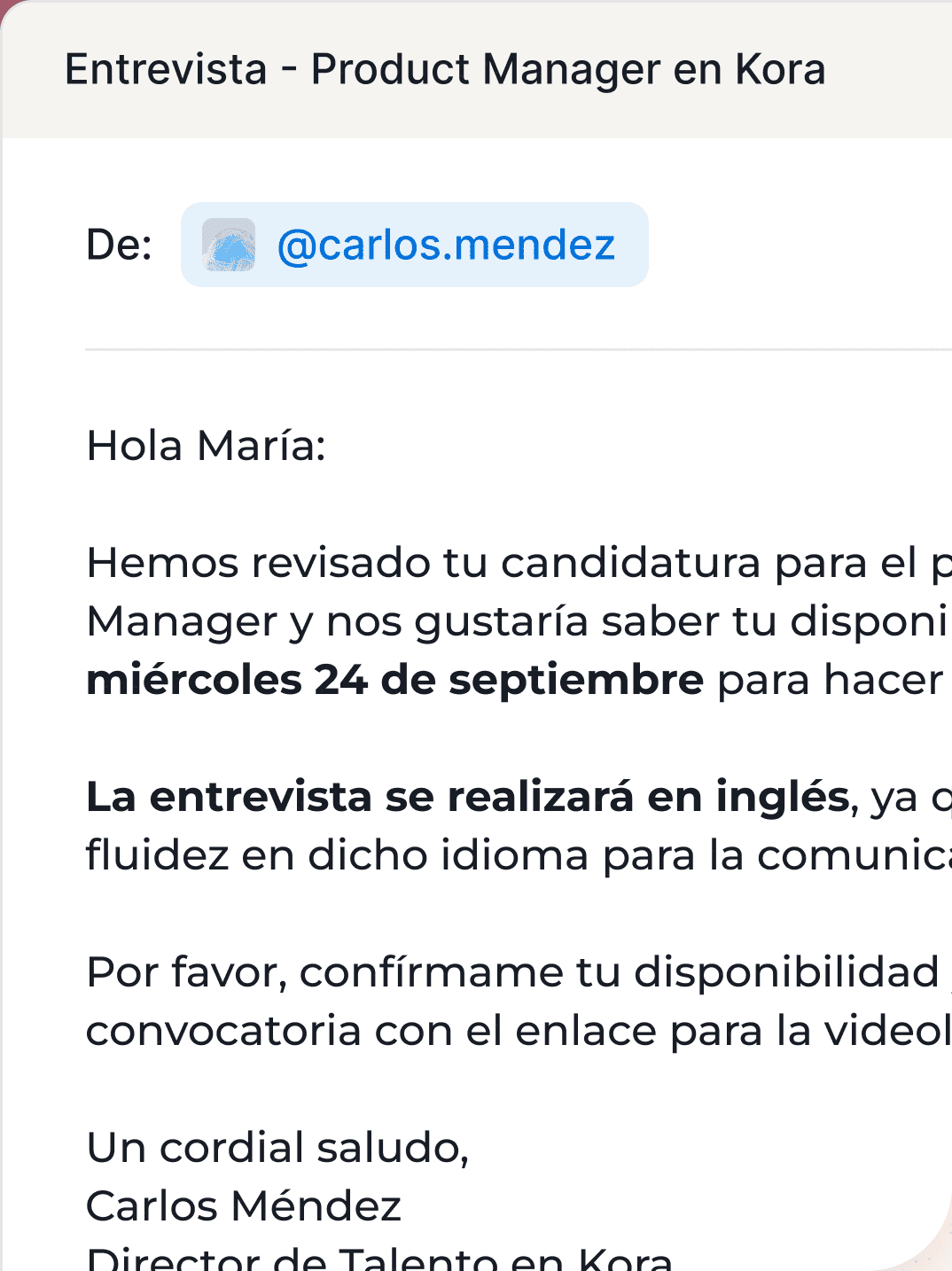 Correo de convocatoria para una entrevista de Product Manager en inglés por videollamada.
