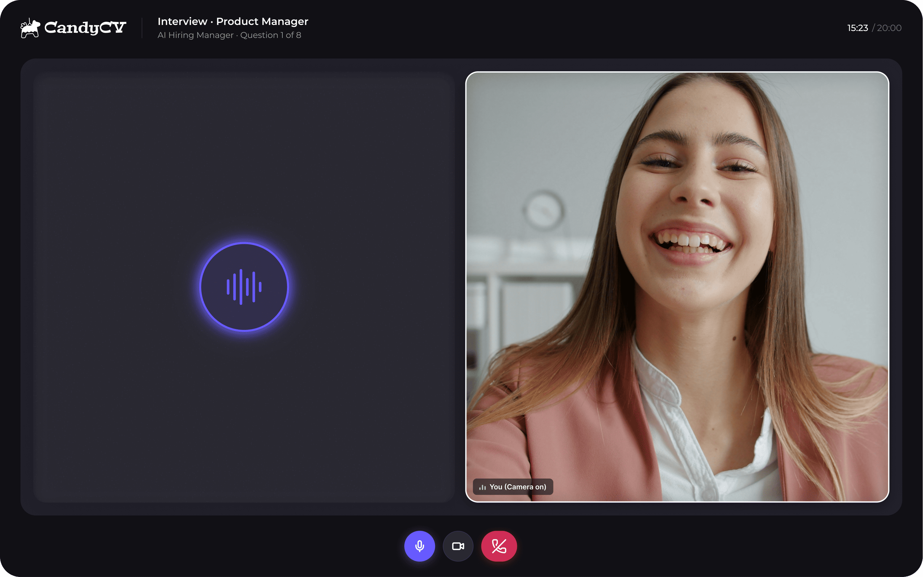 CandyCV AI mock interview simulator showing a candidate practicing a Product Manager interview by voice with a virtual hiring manager.