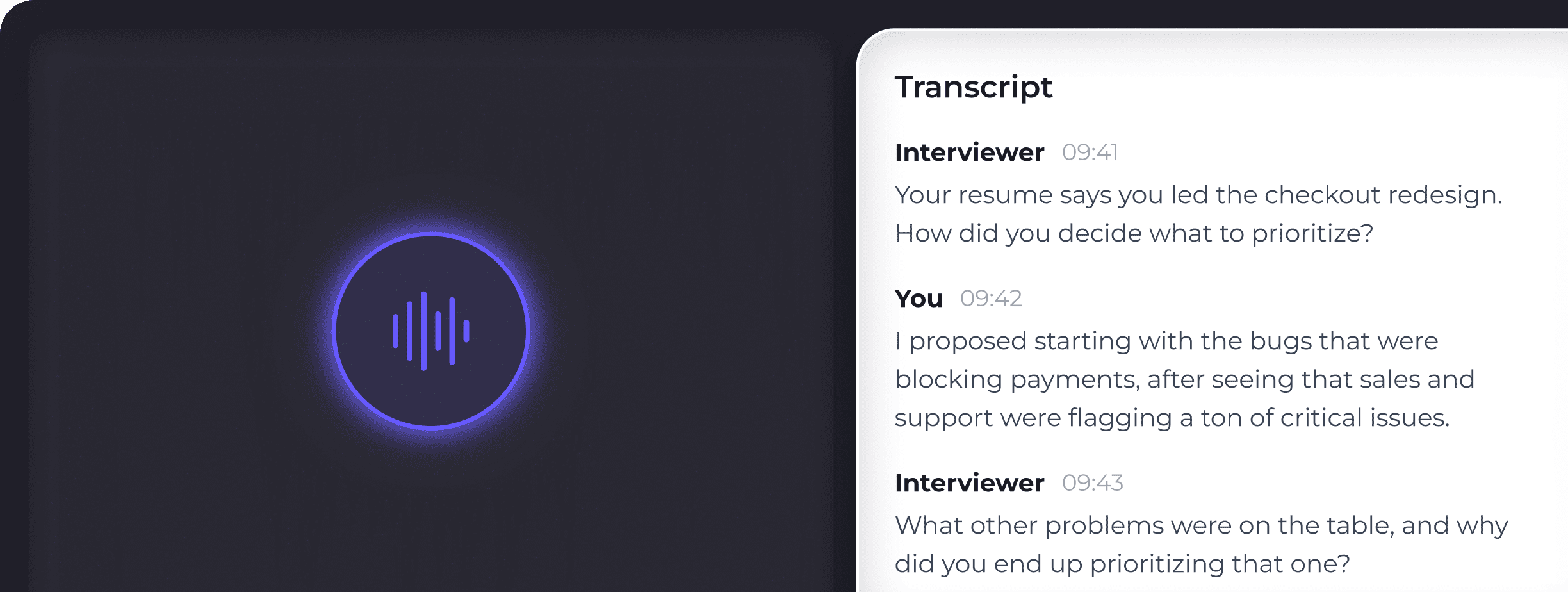 Voice mock interview with questions tailored to the candidate’s resume and target job, shown alongside a transcript.