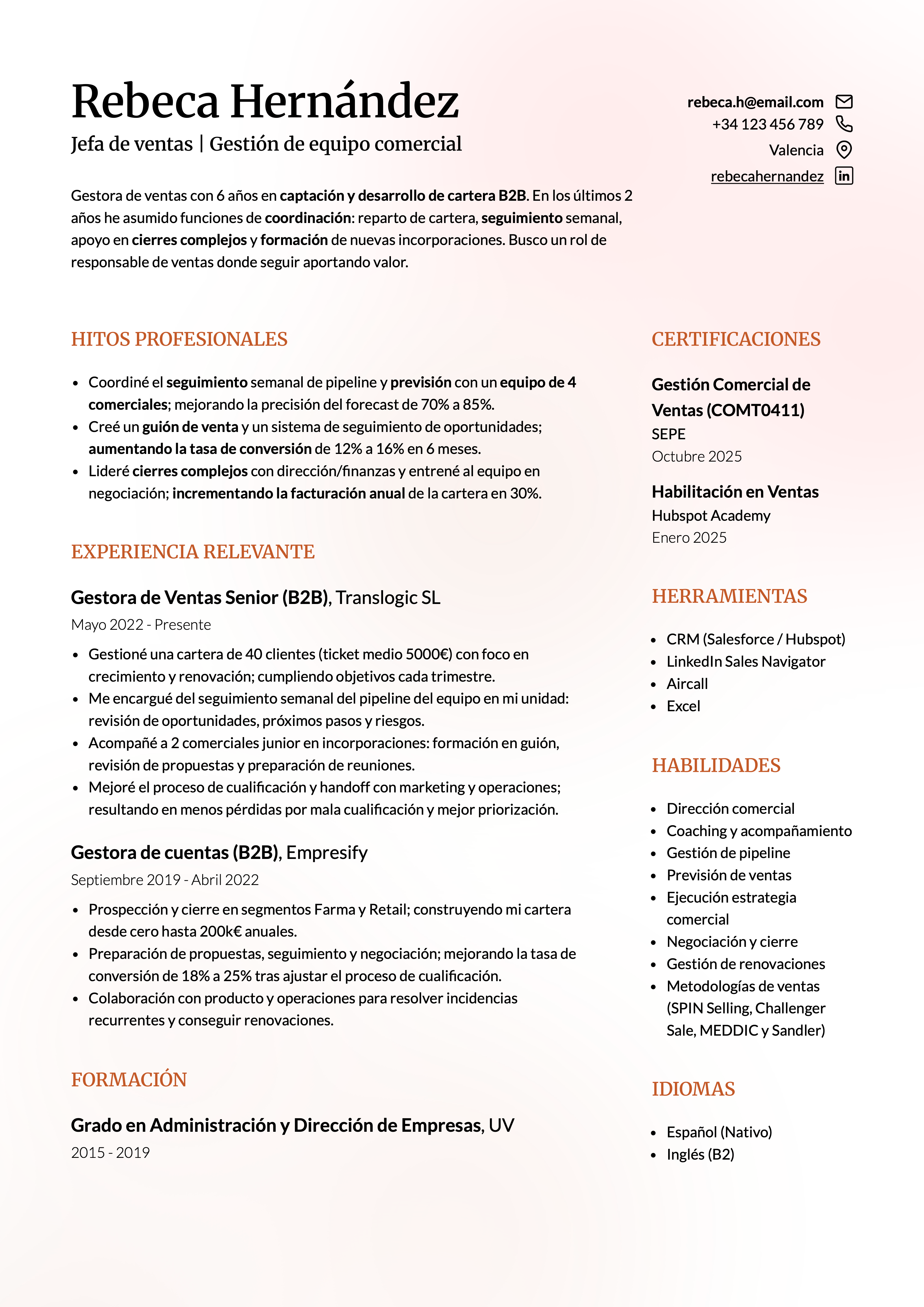Plantilla de CV tipo Word Lisboa para perfil de ventas, con diseño visual de dos columnas, secciones claras y estructura profesional para editar y descargar en PDF.