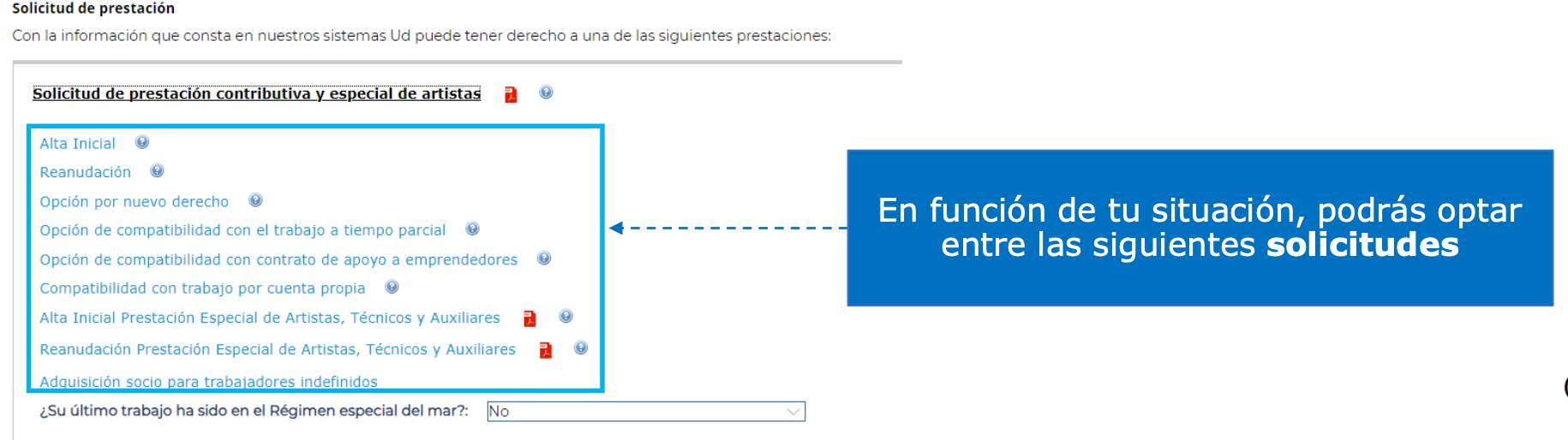 Elegir situación en la solicitud de prestación contributiva por desempleo