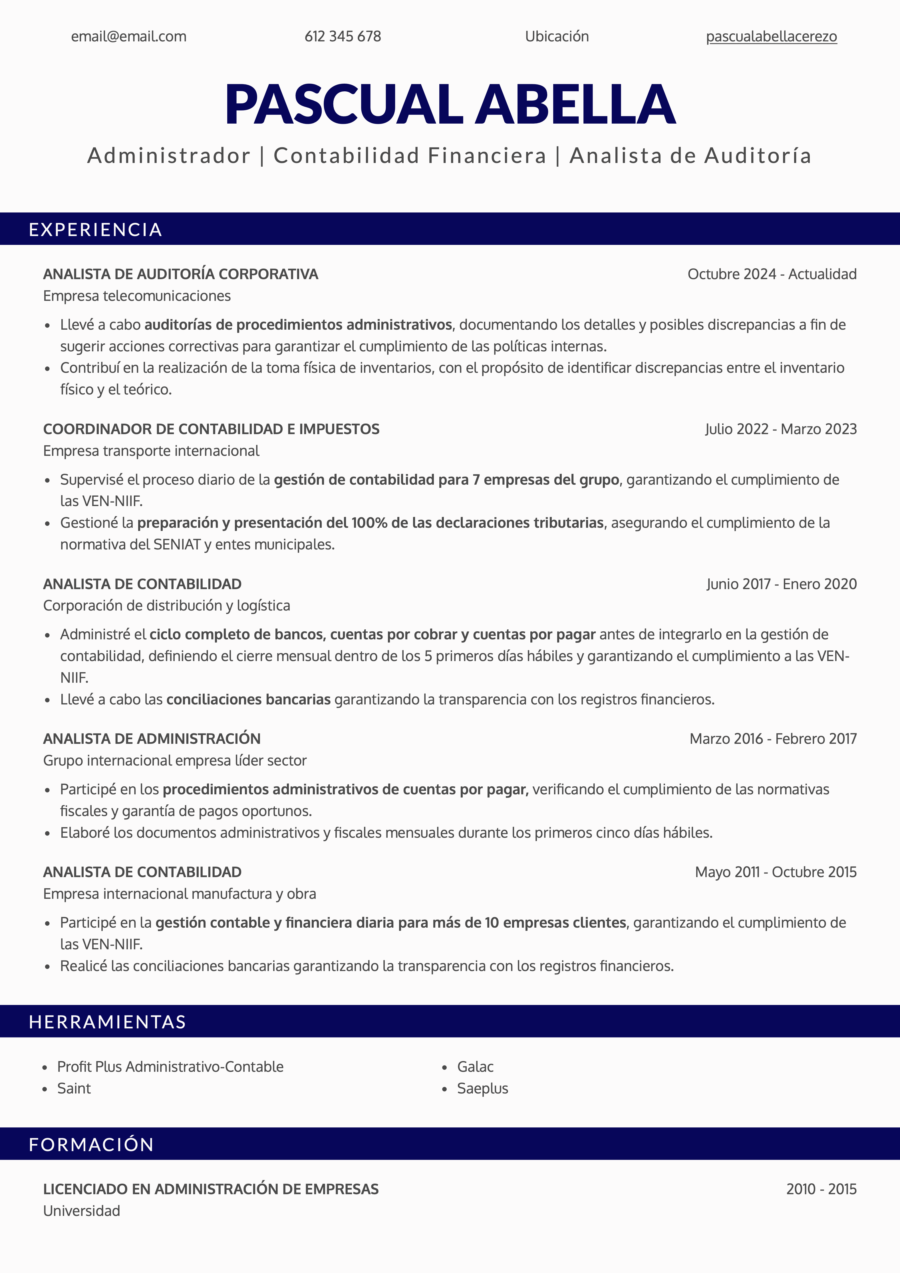 Plantilla de CV tipo Word Harvard para un perfil de contabilidad y finanzas, con estructura de una columna, secciones claras y diseño sobrio para editar y descargar en PDF.
