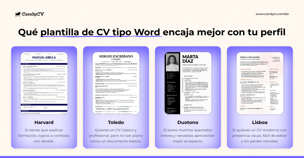 Selector de plantillas de CV tipo Word según perfil y necesidad, con opciones Harvard, Toledo, Duotone y Lisboa para editar el currículum y descargarlo en PDF.
