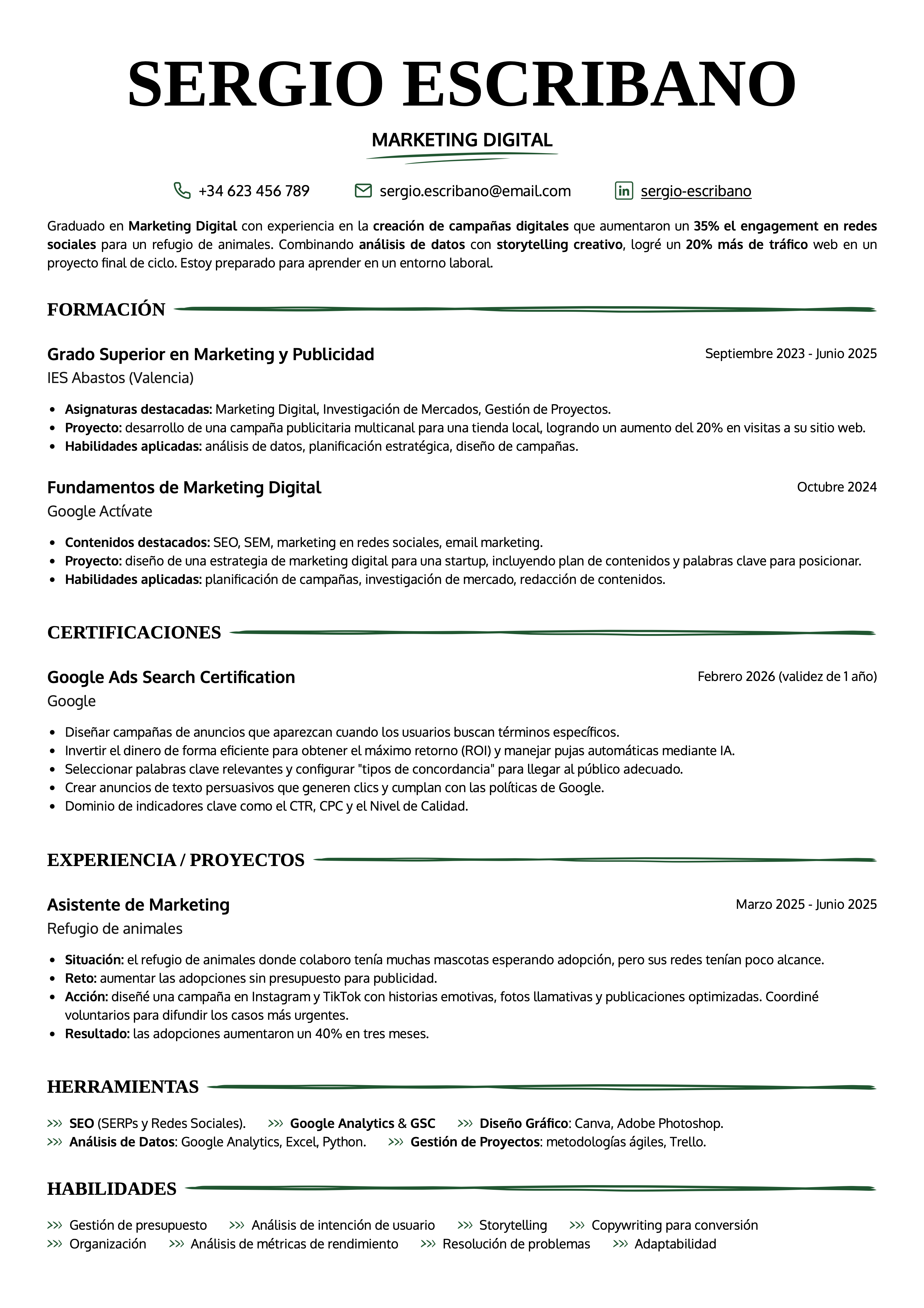 Plantilla de CV tipo Word Toledo para perfil junior de marketing, con estructura de una columna, secciones claras y diseño profesional para editar y descargar en PDF.