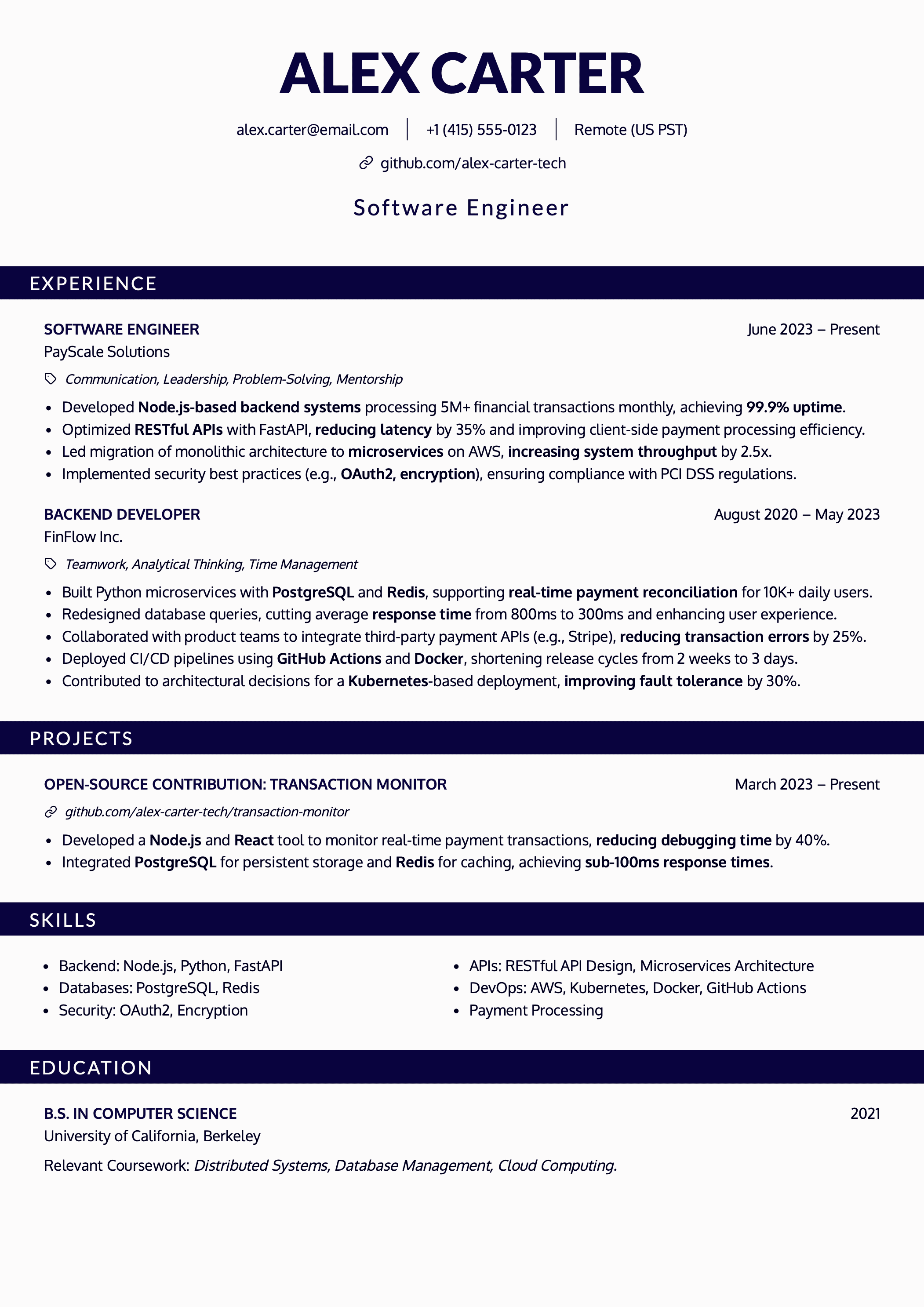 CandyCV job-winning resume for software developer - Harvard Resume Template