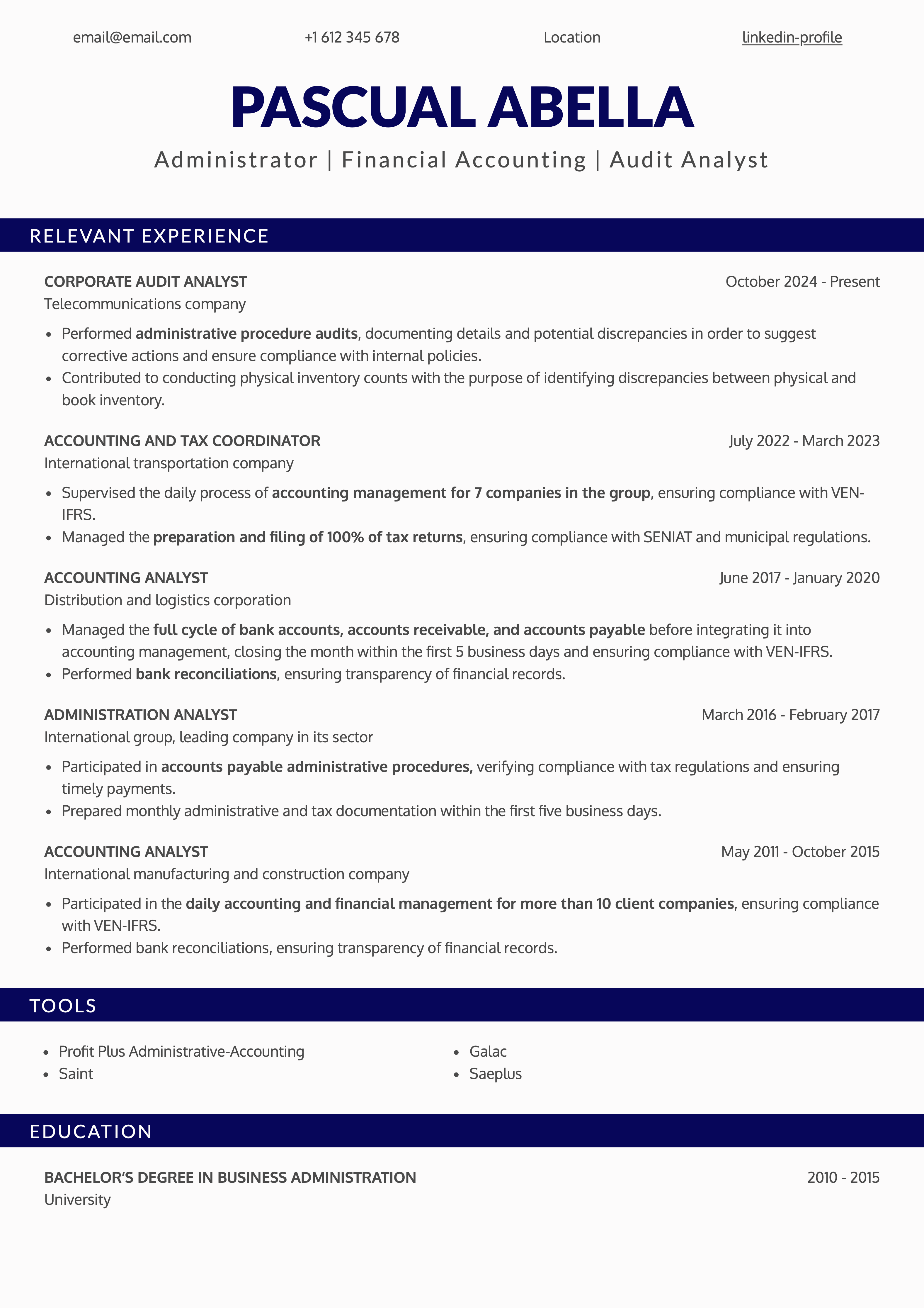 Word-style Harvard resume template for an accounting and finance profile, with a one-column structure, clear sections, and a clean design to edit and download as a PDF.