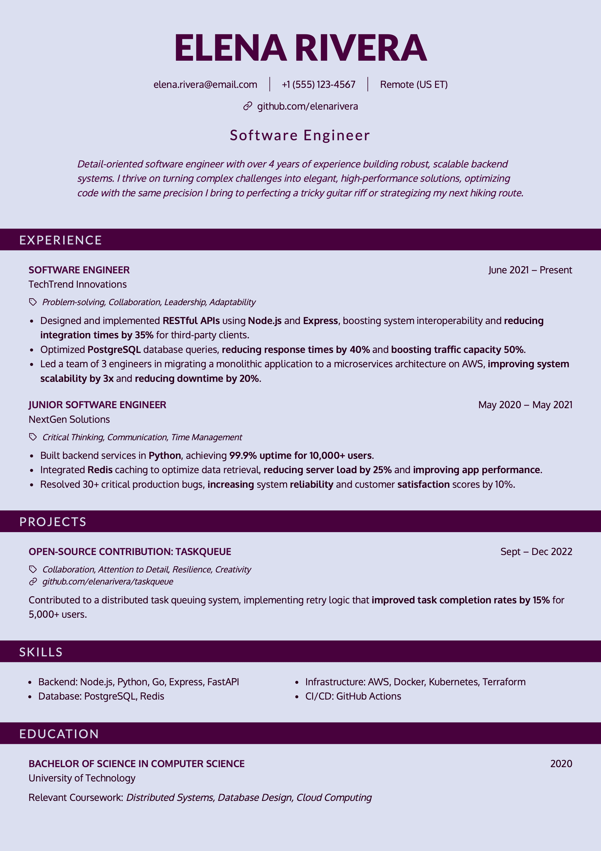 CandyCV Software Developer Resume using a Harvard Template