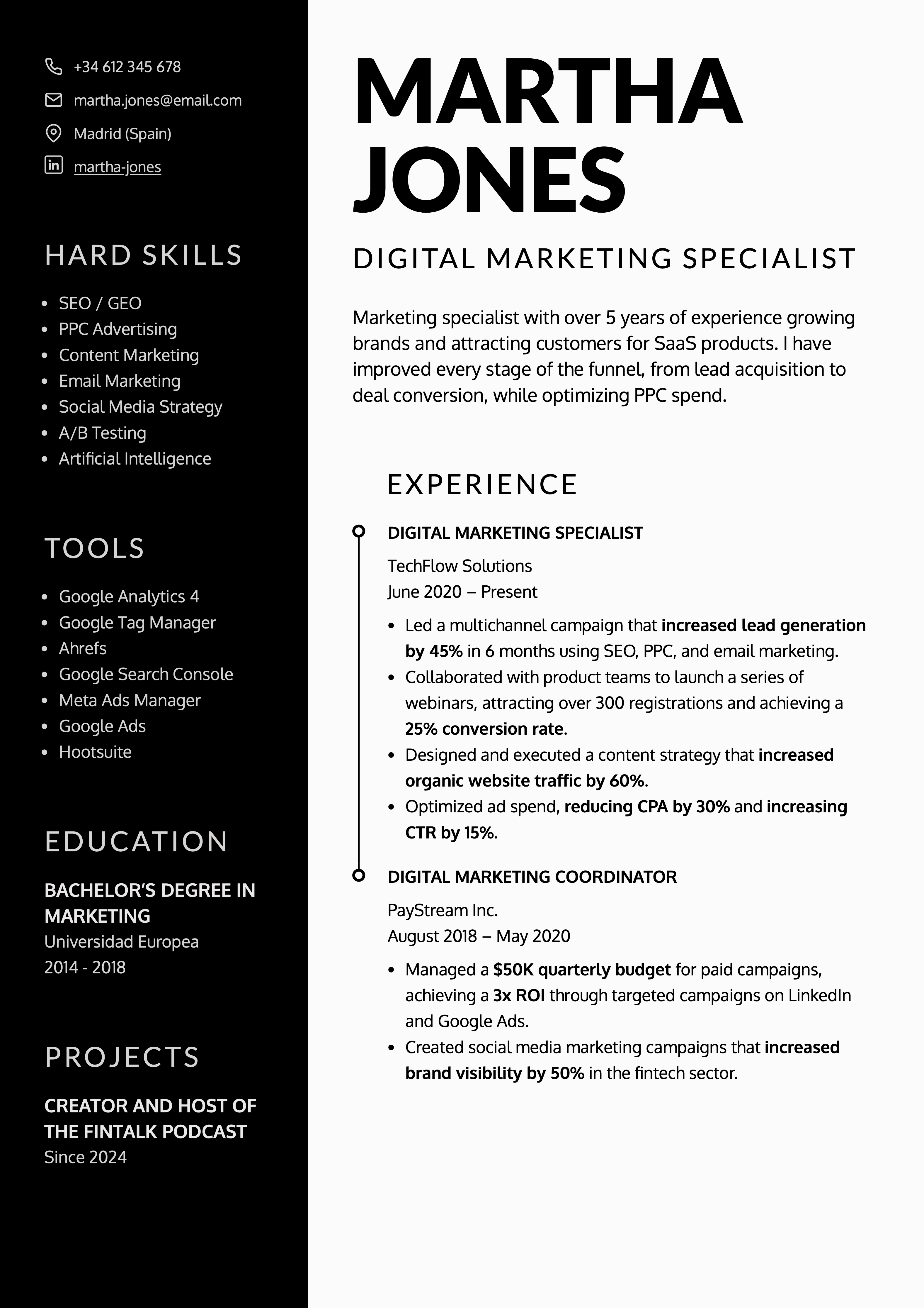 Word-style Duotone resume template for a marketing specialist, with a two-column design, clear sections, and a professional structure to edit and download as a PDF.