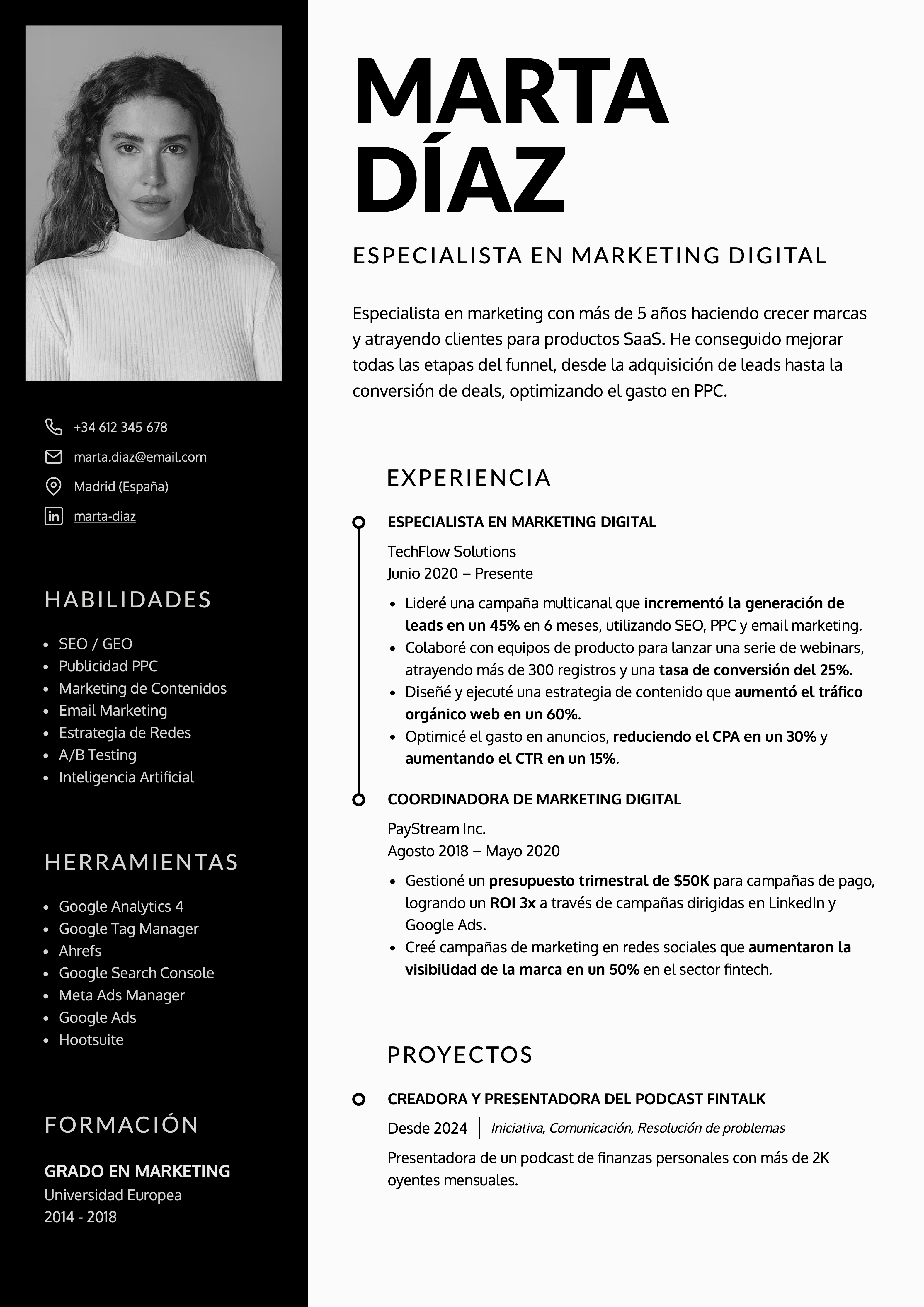 Plantilla de CV tipo Word Duotone para especialista en marketing, con diseño de dos columnas, secciones claras y estructura profesional para editar y descargar en PDF.
