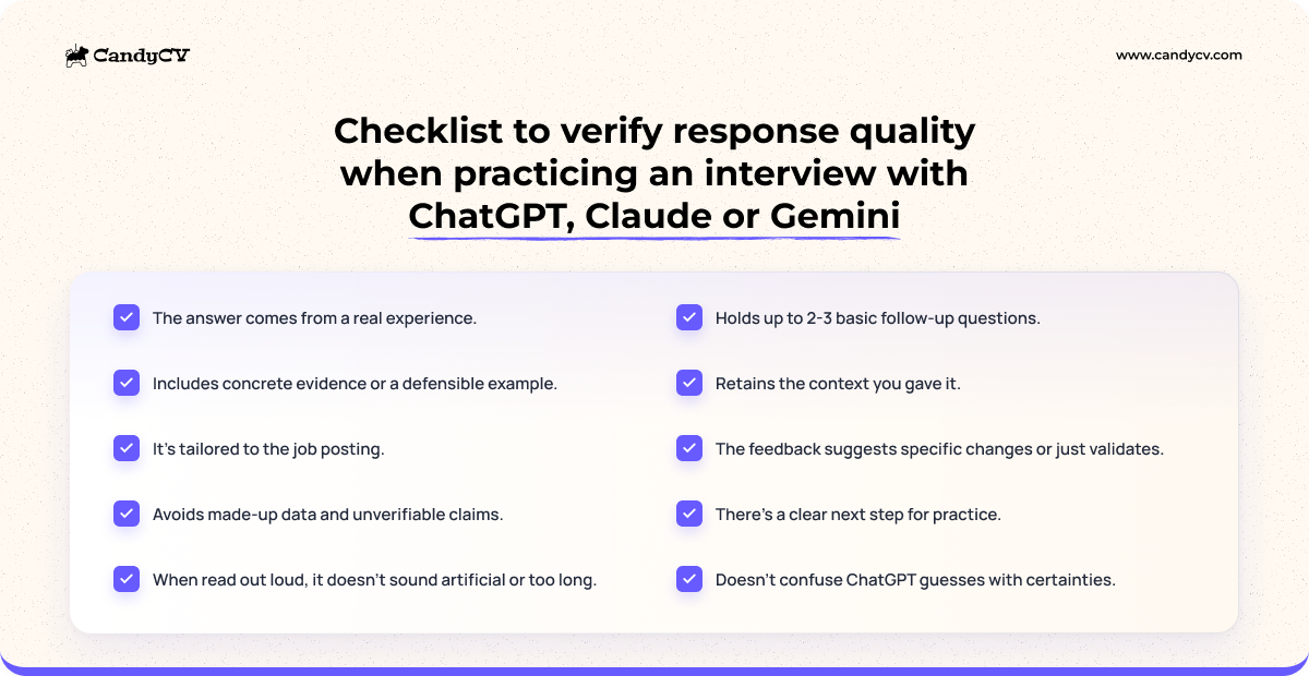 Checklist for checking the quality of an answer when practicing an interview with ChatGPT, Claude or Gemini.