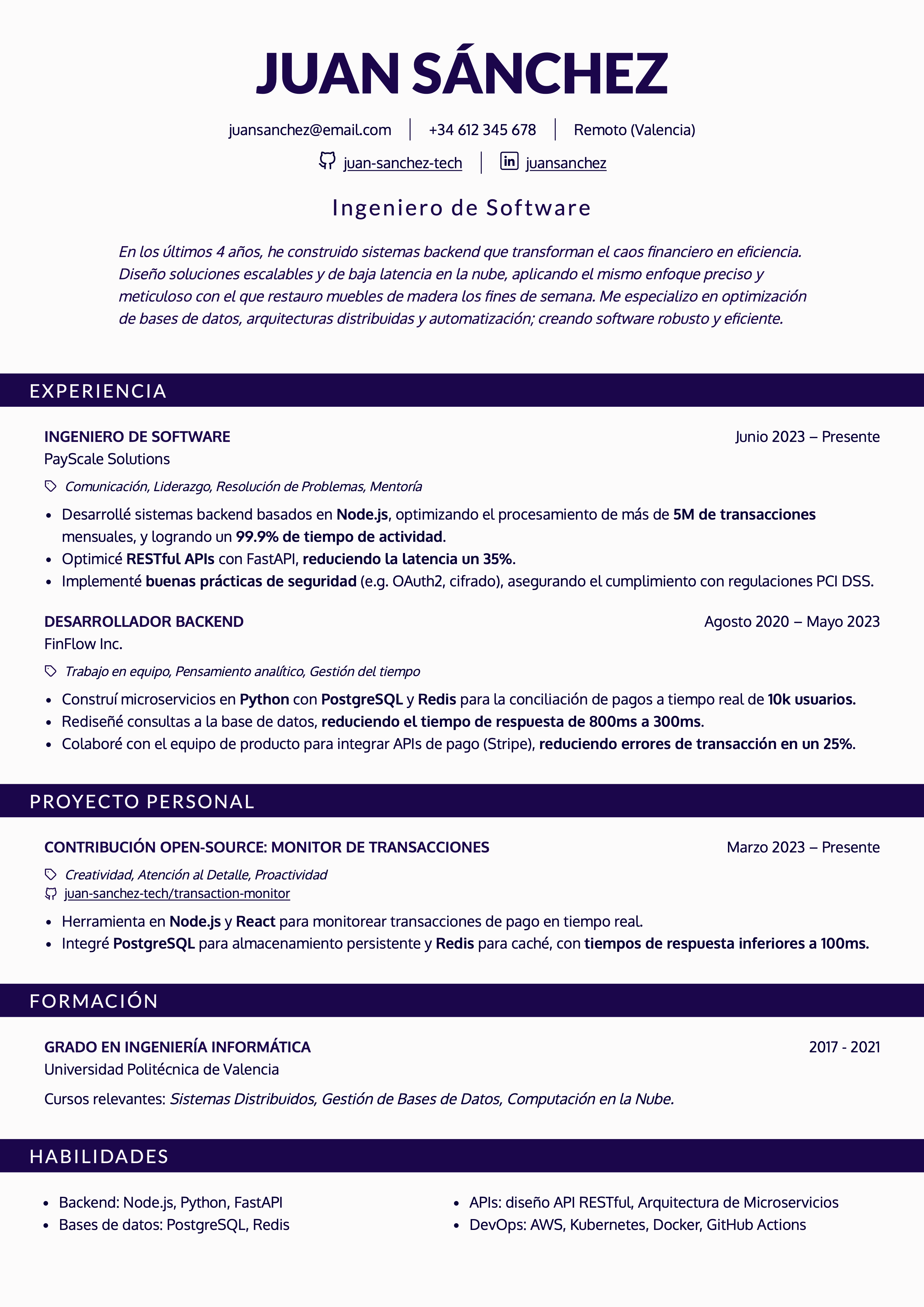 Currículum Plantilla Harvard Software Developer