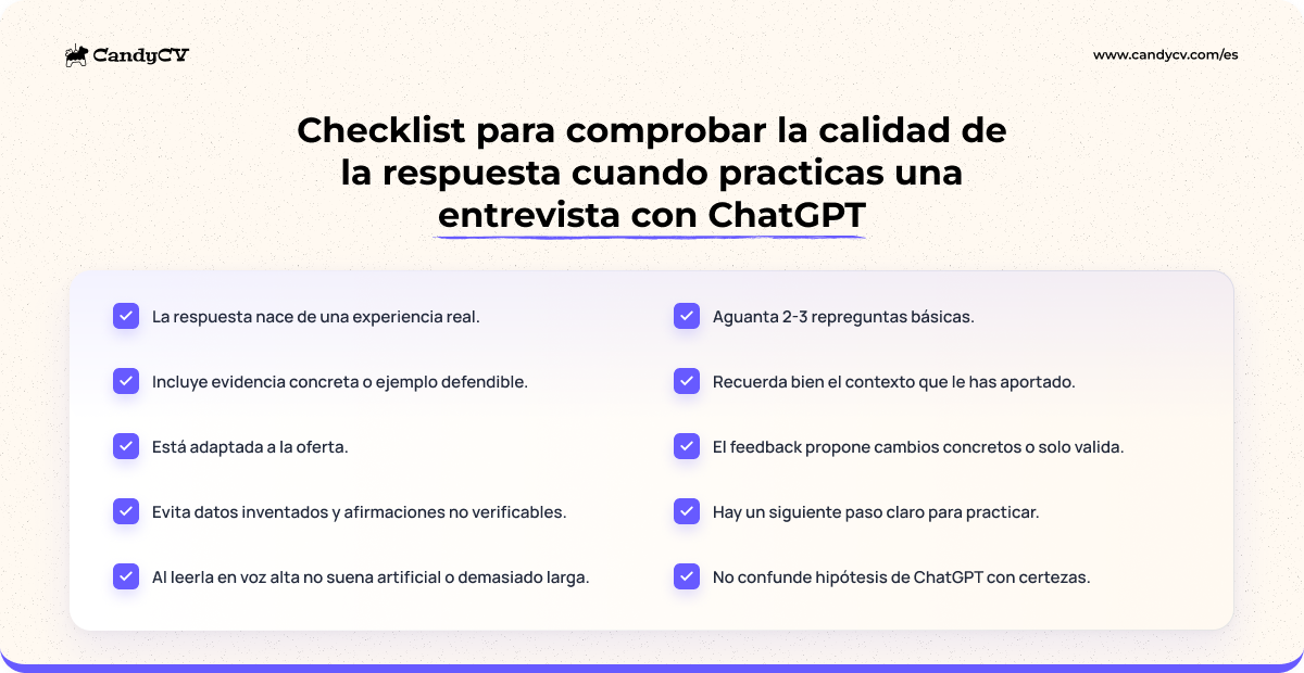 Checklist para comprobar la calidad de la respuesta cuando practicas una entrevista con ChatGPT (o cualquier IA generalista).