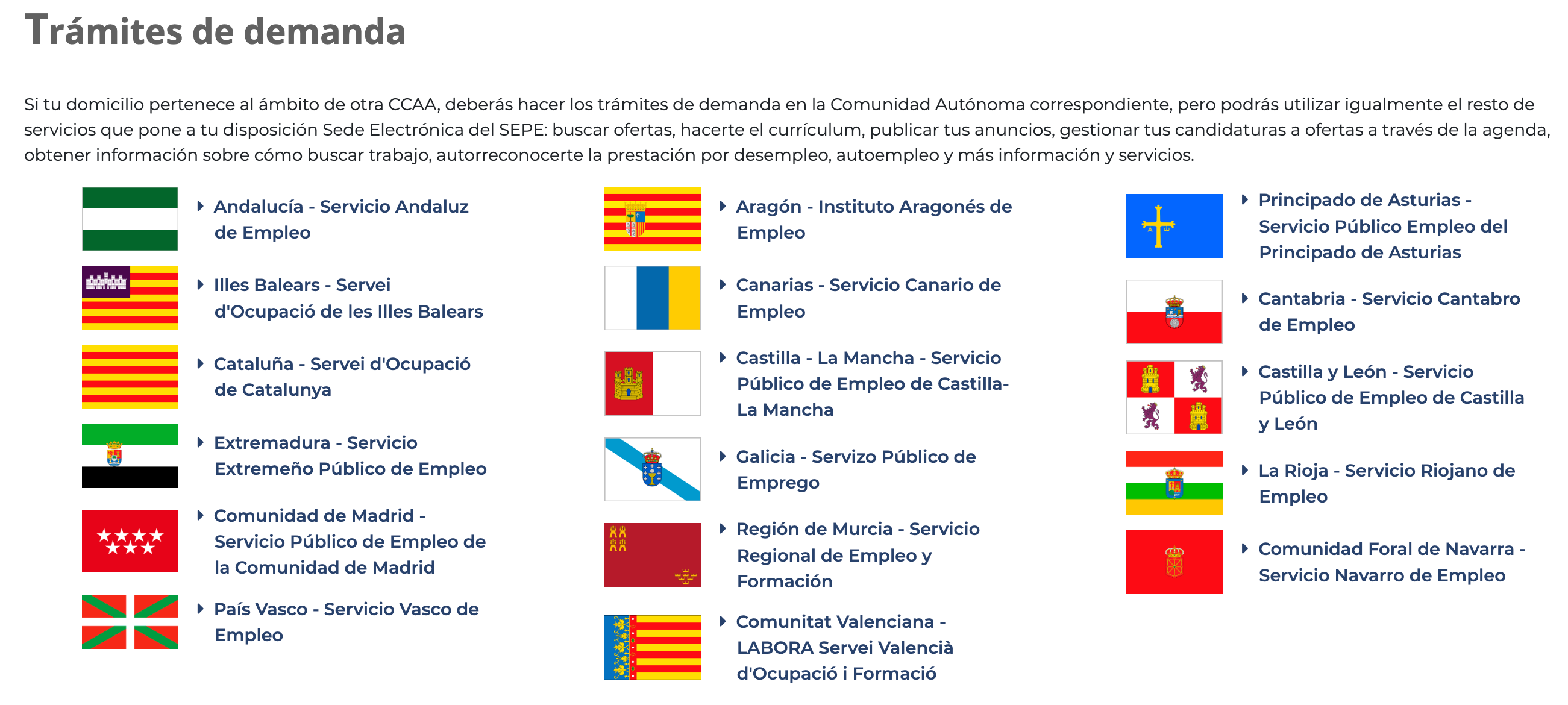 Webs de servicios de empleo autonómicos para solicitar el DARDE