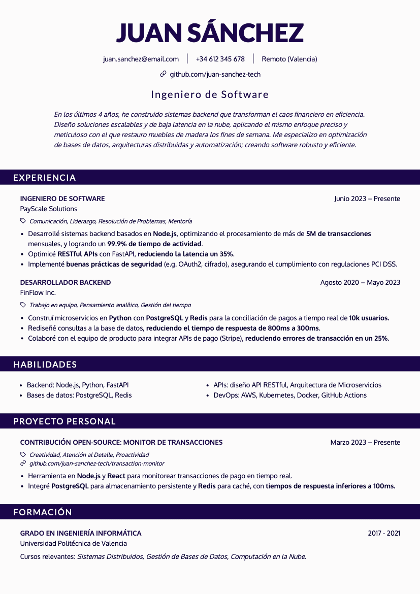 CandyCV Currículum Ingeniero Software Modelo Harvard