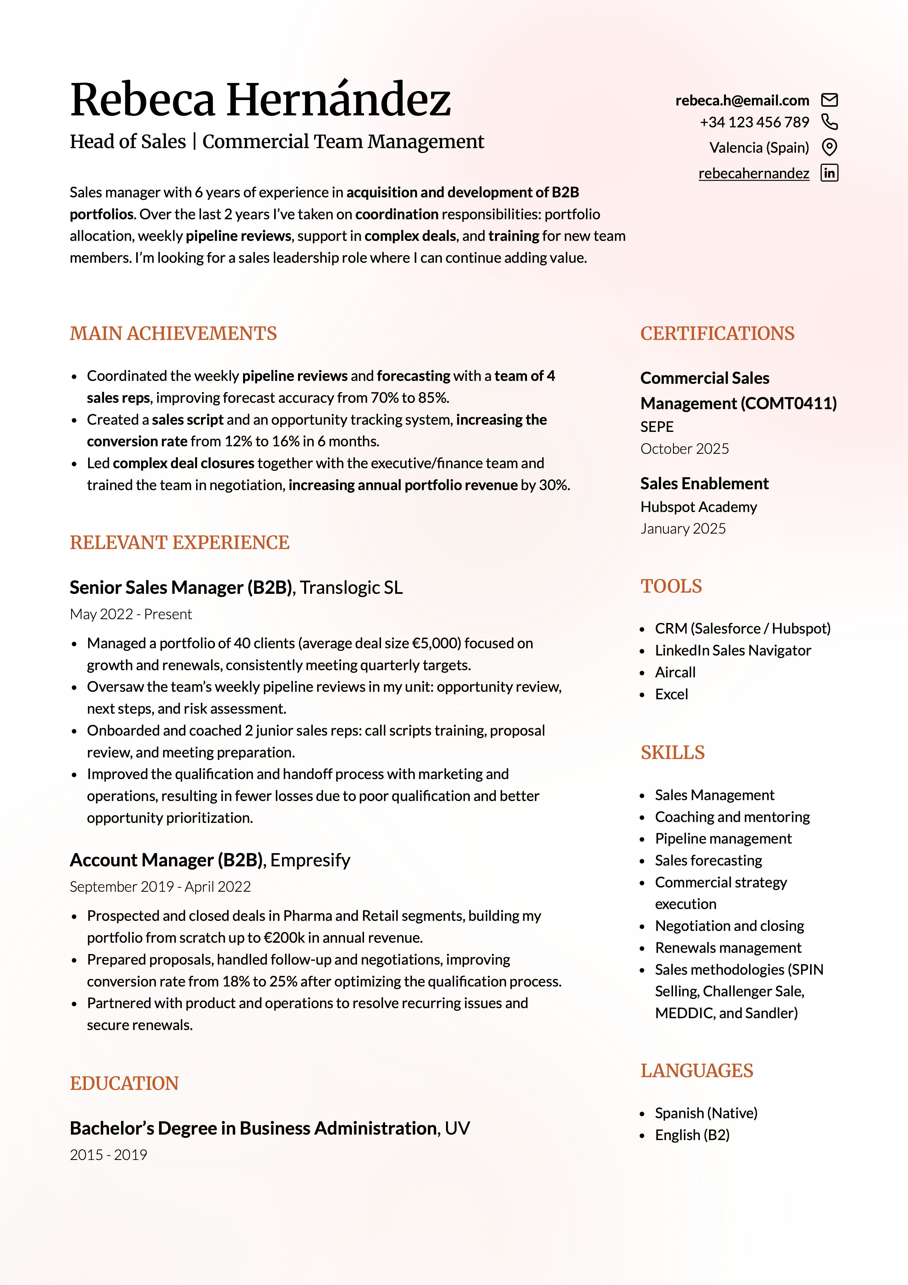 Word-style Lisbon resume template for a sales profile, with a visual two-column design, clear sections, and a professional structure to edit and download as a PDF.