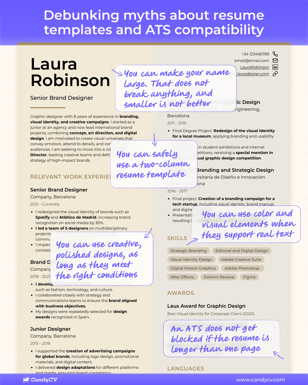 ATS-friendly resume example with visual annotations debunking common myths: two columns, creative design, and color do not automatically make a resume incompatible with ATS if the structure, hierarchy, and text remain clear. 