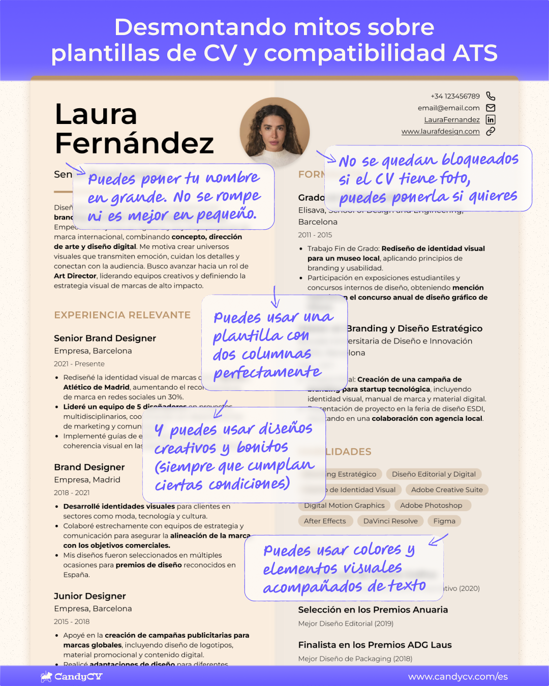 Ejemplo de CV compatible con ATS con anotaciones visuales que desmontan mitos frecuentes sobre plantillas creativas: foto, dos columnas, dise&ntilde;o creativo y uso de color no impiden que una plantilla sea compatible con ATS, si cumple con los atributos de compatibilidad (como texto claro, jerarqu&iacute;a y estructura legible).