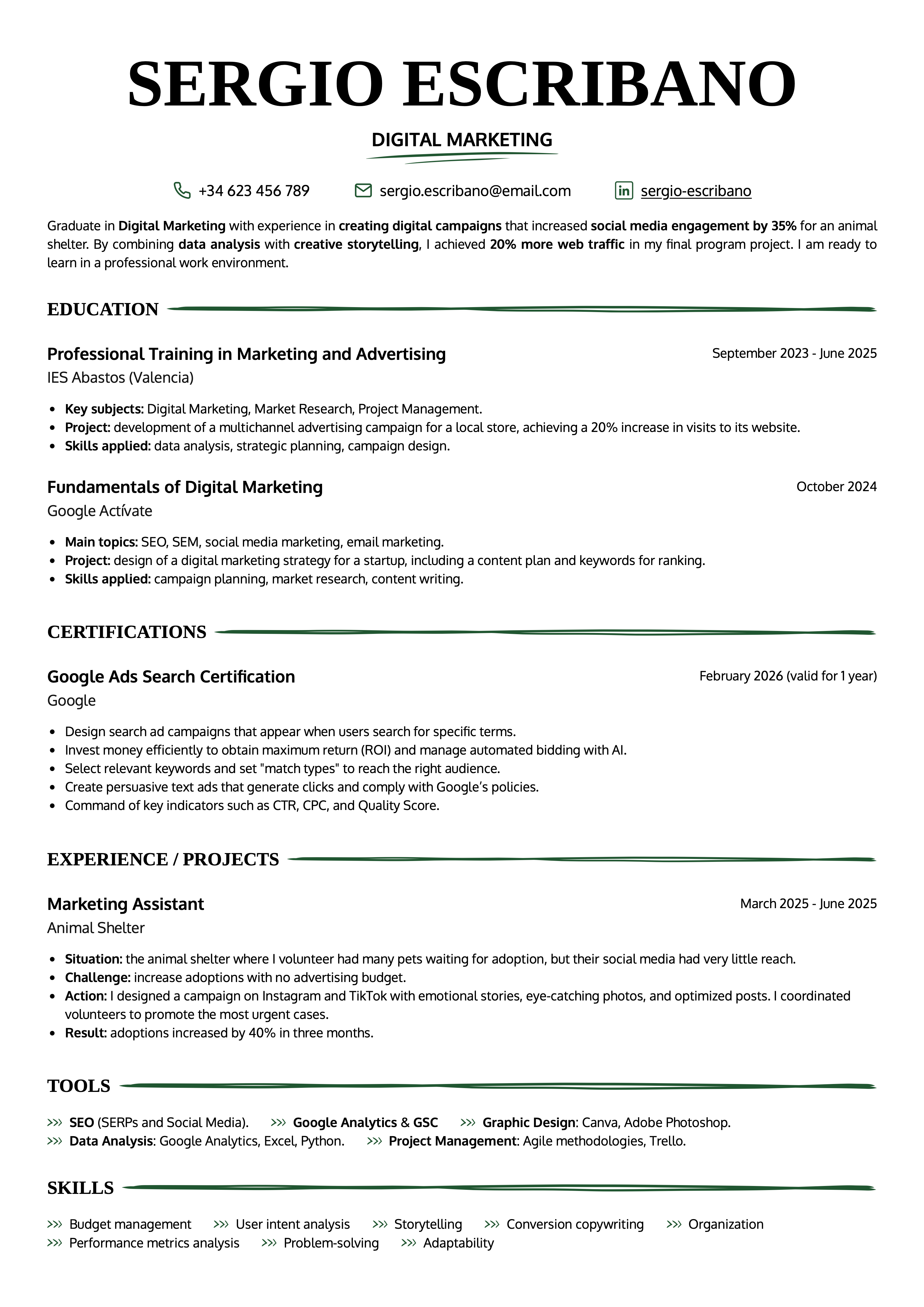 Word-style Toledo resume template for a junior marketing profile, with a one-column structure, clear sections, and a professional design to edit and download as a PDF.