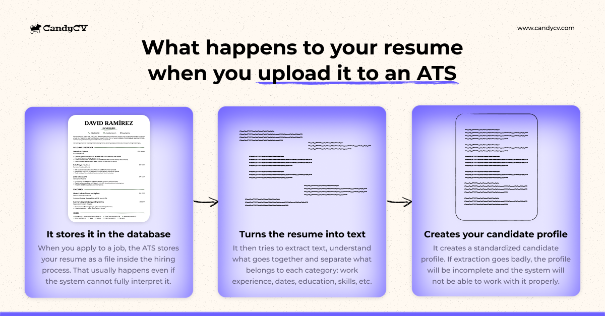 Explainer image showing how an ATS processes a resume after a job application: first it stores the file, then it extracts text to identify work experience, dates, job titles, education, and skills, and finally it creates a candidate profile. The image contrasts a clear, useful candidate profile when extraction works well with an incomplete or inaccurate profile when text extraction fails, making the application harder for the ATS to use.